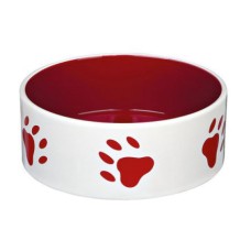 Миска для собак TRIXIE керамическая с рисунком лапы, кремовая/красная 20см 1,4л