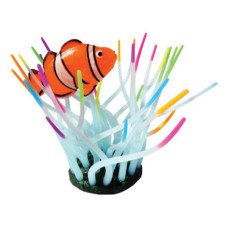 Декор для аквариумов JELLYFISH Актиния с рыбой Клоун светящийся радужный 11х8х14,5см