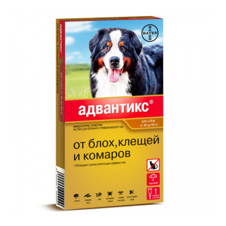 Капли для собак BAYER ADVANTIX от блох, клещей и комаров 600 (40-60кг веса) 1 пипетка в упаковке