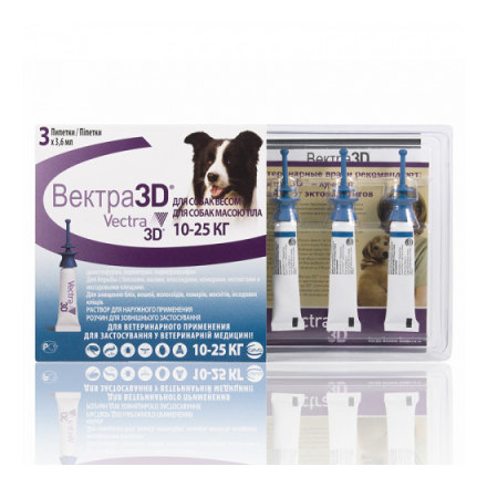 Капли для собак CEVA Вектра 3D 10-25кг инсектоакарицидные 3,6мл, 3 пипетки